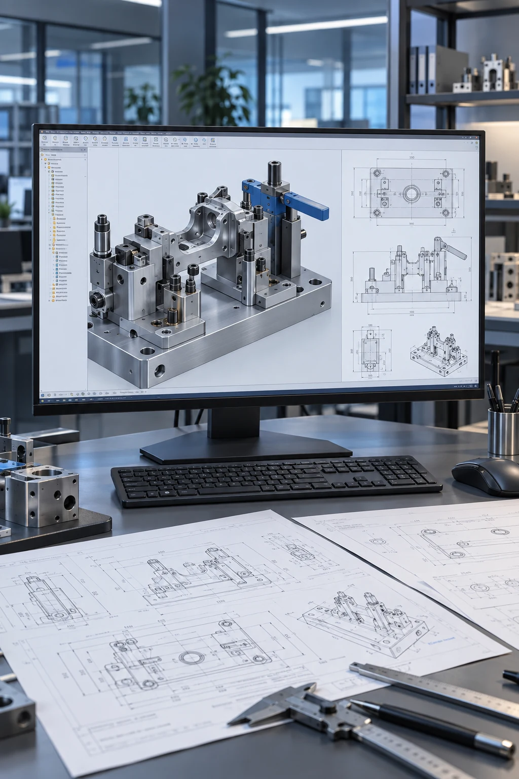Mechanical CAD assembly and technical drawings on an engineering workstation